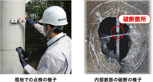 現地での点検の様子・内部鉄筋の破断の様子